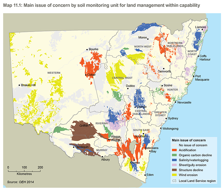 Map of NSW with polygons indicating the main issue of concern with respect to land management within soil capability for soil monitoring units (selected from the seven degradation issues, or having ‘no issue of concern’). The polygons and the issues are distributed fairly broadly and more or less evenly across NSW. The geographic variation in issues and other information is described in the text