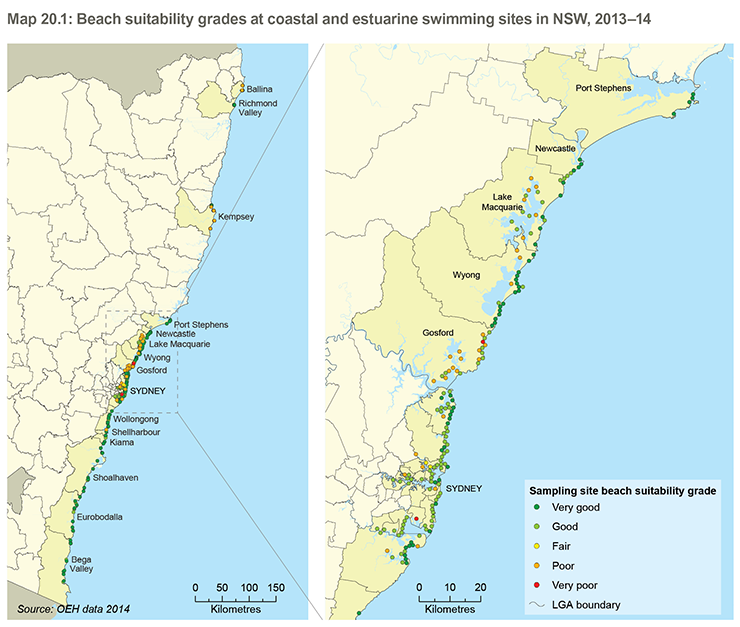 Map of New South Wales coastal areas, showing local government areas along the coast. Beach suitability grades for the 2013–14 summer swimming season are depicted at coastal and estuarine swimming sites. Beach suitability grades range from ranging from ‘very good’ to ‘very poor’. A more detailed insert map shows Sydney, Central Coast, Newcastle and Port Stephens. Refer to the main text for more information