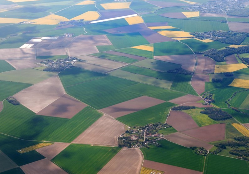 Rural scene, paddocks, crops, villages, aerial photo
