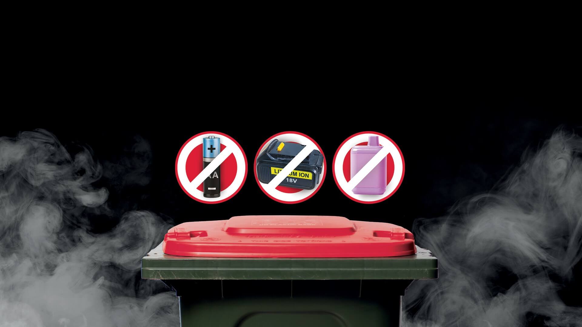 Banner - Never bin a battery showing a range of batteries above a garbage bin